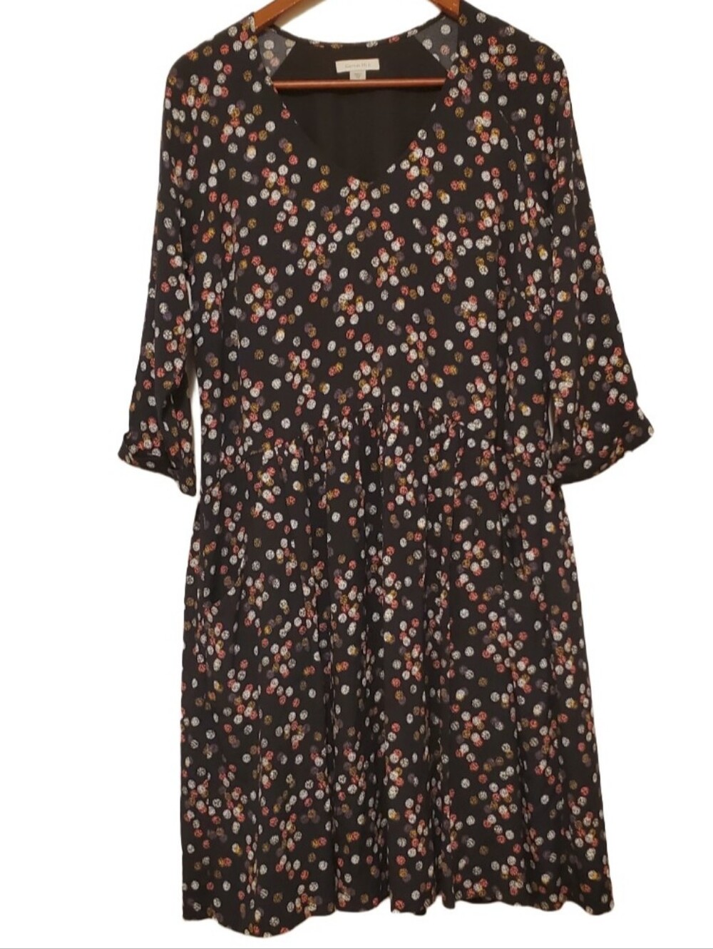Garnet Hill Bohemian Pocket Dress Size 12 Stipled Polka Dot Print Black